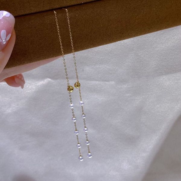 

22092001 diamondbox - pearl jewelry earrings ear dangle au750 18k gold freshwater pearl 3-4 mm classic round long tassel elegant simple gift, Silver