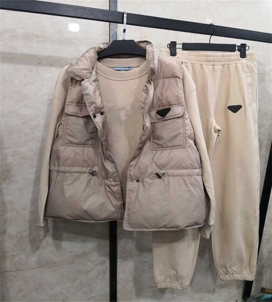 

new tracksuit three-piece suit pants rubber triangle standard sleeveless hooded cotton vest long-sleeved jacket elastic waist casual, White