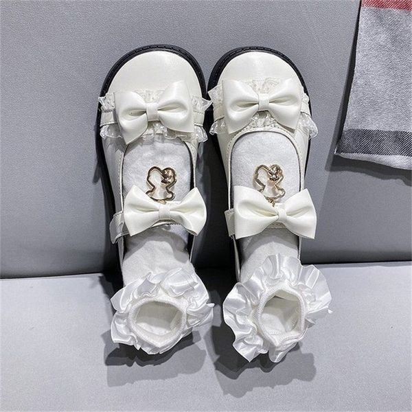 

sepatu wanita manis renda ikatan simpul mode desainer kawaii lolita mary jane flat wanita musim semi kulit platform loafers putih 220614, Black