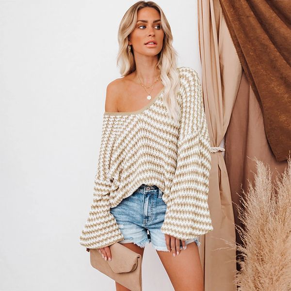 

patchwork striped v-neck sweater women's long sleeve knit pullover top, White;black