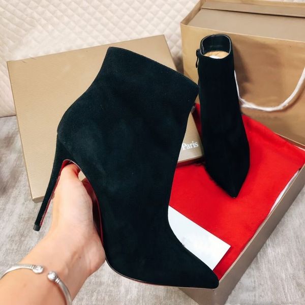 

brand high heel boots shoes 8cm 10cm thin heels pointed boot black suede red shiny bottoms classics women pumps 35-42 with box and dust bag