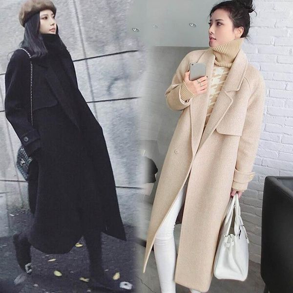 

women's wool women autumn winter lapel long sleeve longline coat slim fit 88, Black