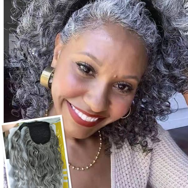 

natural silver grey human hair ponytail long short wraps gray hairpiece salt n pepper drawstring clip ins on women extension 120g 10-20inch, Black