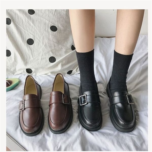 

sepatu oxford coklat retro untuk wanita loafer slip on kulit paten platform chic sepatu flat mode korea sepatu kantor baru hitam 220614, Black