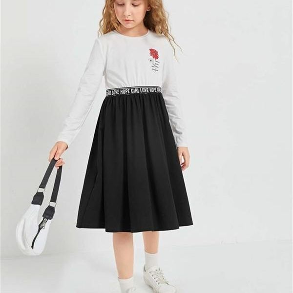 

girls two tone slogan floral print contrast letter tape dress she, Red;yellow
