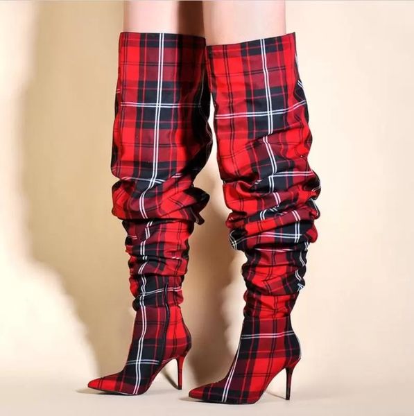 

folds shoes women pleated boots over the knee boots womens high heels winter plaid red yellow limited edition, Black
