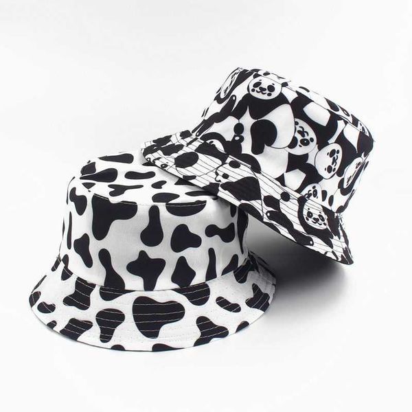

wide brim hats men women summer double-sided panda cows love print bucket cotton cap travel sunscreen fishing fisherman sun hat u77 g221014, Blue;gray