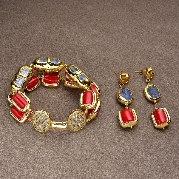 

red coral blue kyanites with gold plated edge beaded bracelet earrings sets handmade for lady gifts, Silver