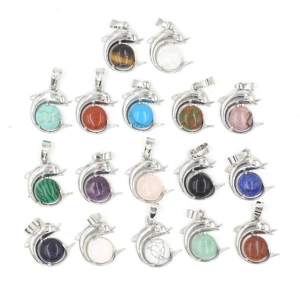 

natural stone round dolphins cabochon beads charm necklace & pendants jewelry cute animal gifts for female bh014, Silver