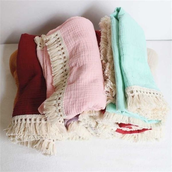 

soft cotton muslin baby blankets born swaddle wrap tassel infant sleeping quilt bed cover po props 211023
