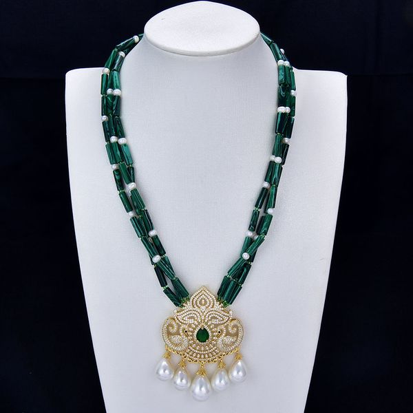 

3 rows natural white pearl green chrysocolla smooth cylinder tube necklace cz connector shell pendant for women, Silver