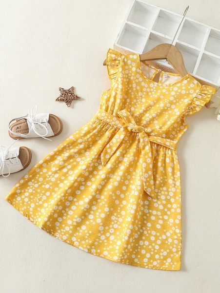 

toddler girls allover print ruffle sleeve belted dress she, Red;yellow