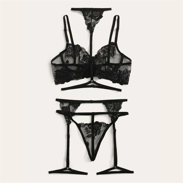 

woman flower lace underwire garter and thong bra ultrathin underwear set transparent bra set embroidery lingerie brassiere 201028, Red;black
