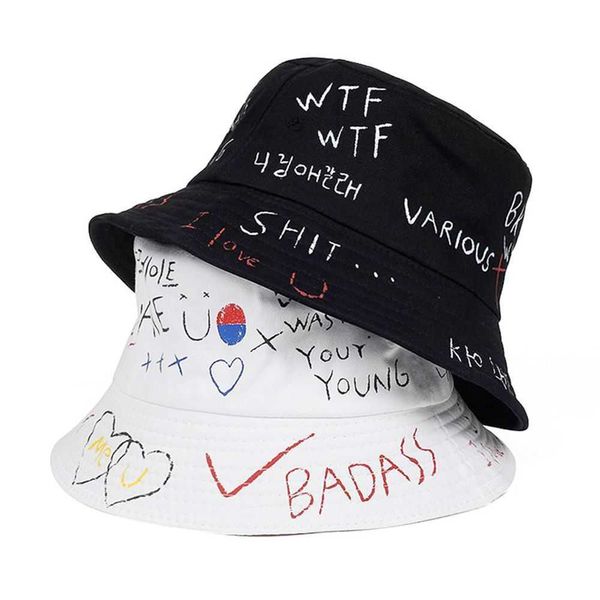 

wide brim hats 1pc harajuku bucket graffiti letter women men fishing fisherman summer outdoor panama hip hop cap couples gifts g221014, Blue;gray