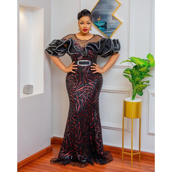 

2023 sparkly sequins mermaid african evening dresses wear black girls jewel neck illusion long graduation dress plus size formal sequined pr, Black;red