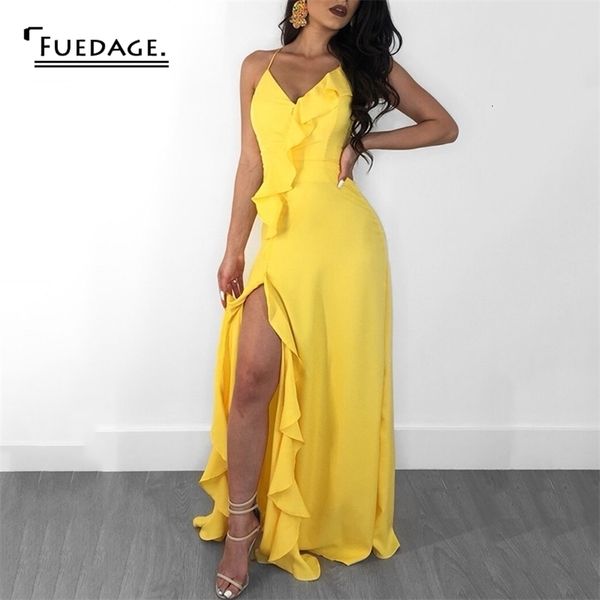 

fuedage chiffon summer women yellow maxi dress v neck backless party bodycon dresses high split ruffles long dress vestido mx200518, Black;gray