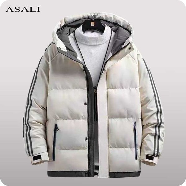 

men's jackets 2022 winter men's hooded jacket striped windbreaker casual thicken warm parkas men outerwear solid color down parkas, Black;brown