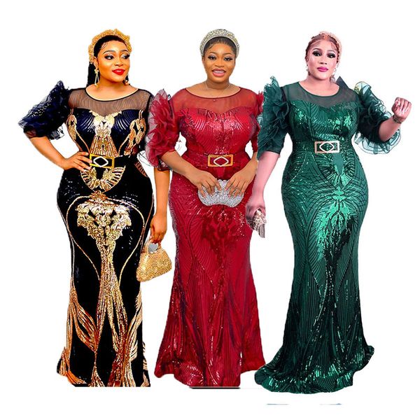 

luxury mermaid evening dresses sheer jewel neck beaded sequins african gold prom dress long sleeves illusion sweep train formal party gown, Black;red