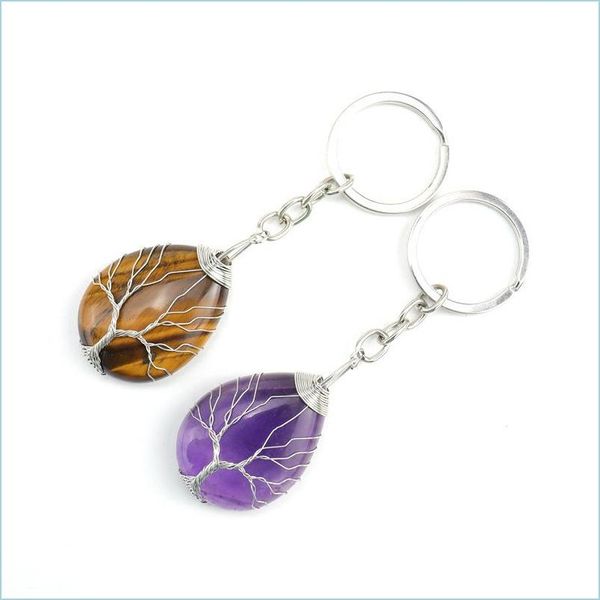 

key rings handmade tree of life key rings waterdrop natural stone healing crystal quartz keychain keys chain ring drop delivery 2022 j dhcia, Slivery;golden