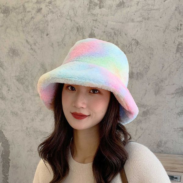 

wide brim hats new fashion rainbow tie-dye bucket soft warm fishing cap winter hat faux fur women outdoor vacation accessories g221014, Blue;gray