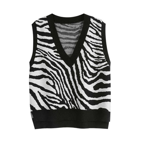 

2022 spring fall vest zebra striped v neck sleeveless short sweater vests women korean fashion knitted pullover waistcoat jumper, White;black