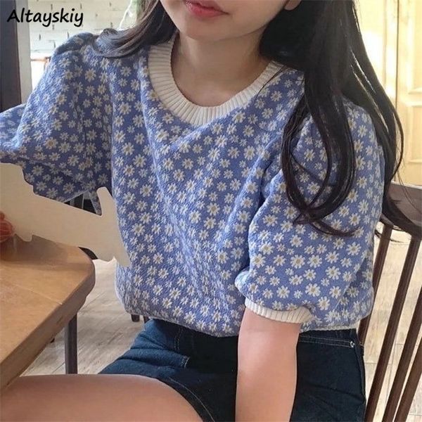 

puff short sleeve tshirts women sweet oneck floral panelled elegant allmatch korean style knitted cropped tshirts mujer chic 220620, White