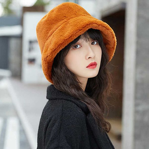 

wide brim hats faux fur winter bucket for women fashion solid thickened soft fishing cap outdoor holiday lady g221014, Blue;gray