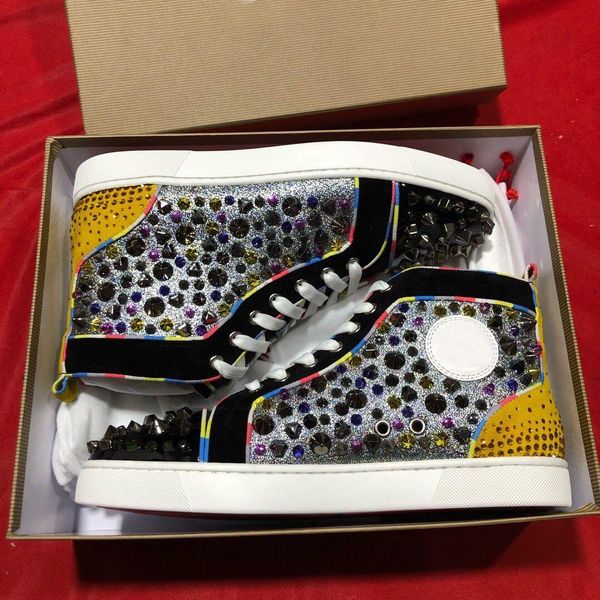 

red-bottoms shoes christians glitter leather/ mix studs red sneakers shoes high spikes men's casual comfort party dress walking out twt, Black