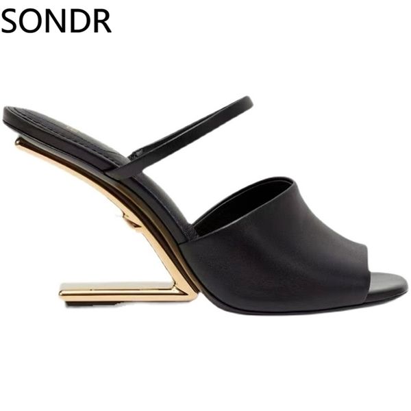 

womens peep toe fur mules strange letter high heel slippers shoes mules slides ladies sandals 7colors 220507, Black
