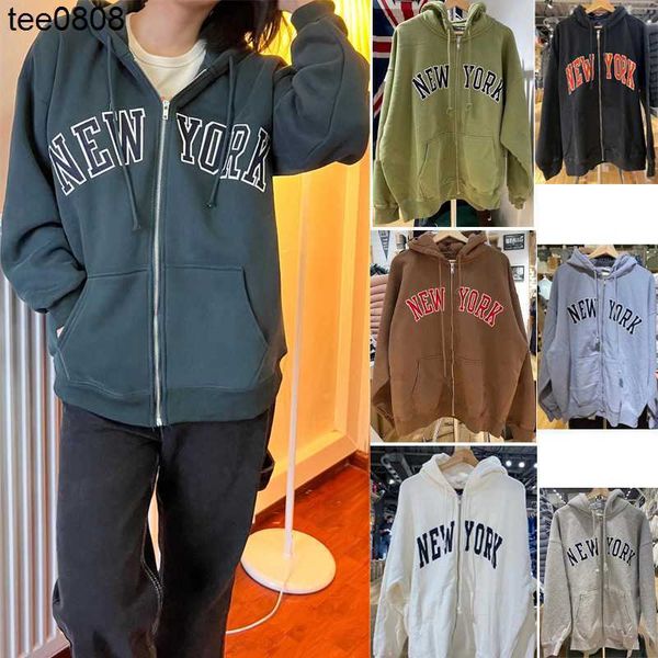 

bm style brandy newyork embroidery spring and autumn and winter fleece hooded zipper us loose sweater heavy hoodie, Black