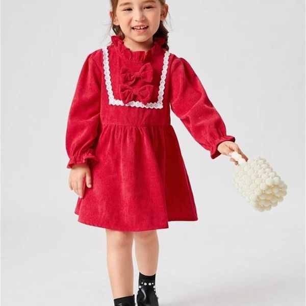 

toddler girls bow front frill trim corduroy babydoll dress she, Red;yellow