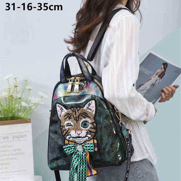 

leather fashion cartoon cat bright backpack large capacity ladies multipurpose travel shoulder bag 220623