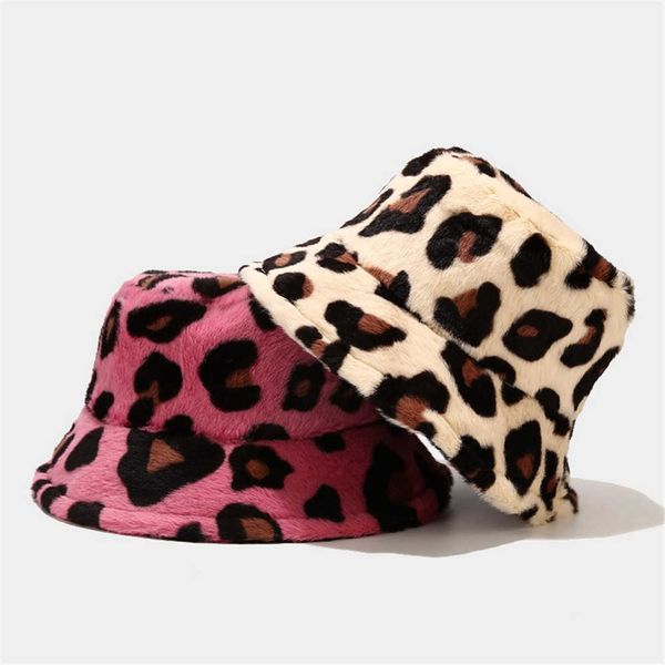 

wide brim hats winter cow leopard faux fur plush bucket for women outdoor warm hat soft velvet fisherman cap lady fashion fast wholesale g22, Blue;gray
