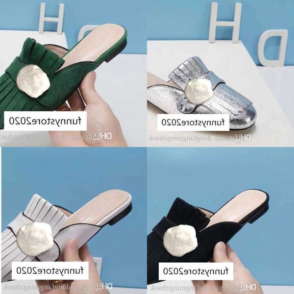 

shoes leather one-word slippers flat-soled half-slippers fringed metal buckled sandals designer ladies large size us11 42