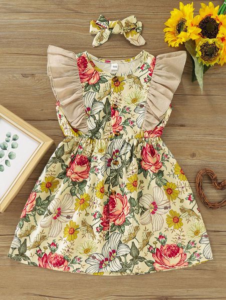 

toddler girls floral print ruffle trim dress with headband she, Red;yellow