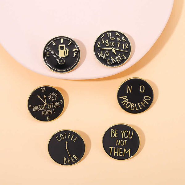 

brooches creative round clock shape metal badge classic accessories design feeling alphanumeric pattern black small corsage, Gray
