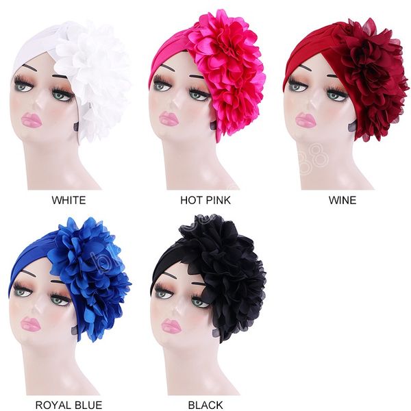 

flower style turban cap elastic headscarf muslim hijab india hat women soild color hair loss chemo beanie cap, Blue;gray