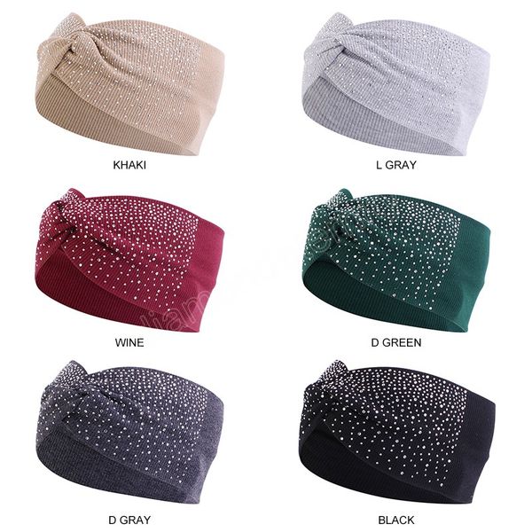 

cotton twist style headband soild color elastic with rhinestone hairband sport yoga run knitted headband soft hairwear, Silver