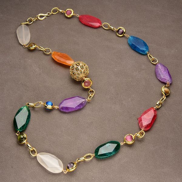 

mix color faceted agate chunky real stone cat eye gold beads cz ball connector long necklace fashion lady simple gift, Silver