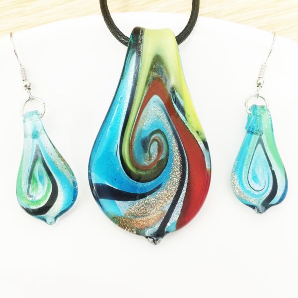 

1pcs chinese style murano glass leaf pendant necklace earring handmade sky blue whirlwind pattern sands jewelry all-match sweater chain, Silver