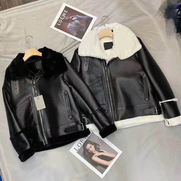 

winter womens jackets leather and faux lamb fur collar stitching coat down jacket plus velvet to keep warm x9qs#, Black;brown