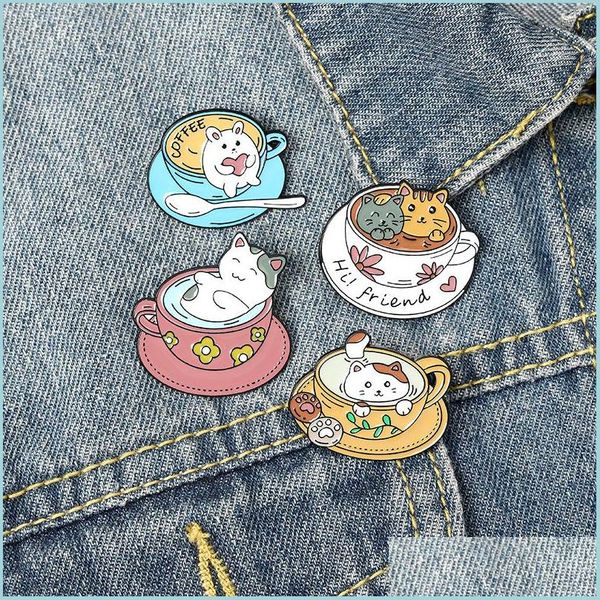 

pins brooches 20pcs/lot cute cartoon coffee cat brooches alloy enamel collar flowers pins friend women men cup design brooch jewelr dhnjj, Gray