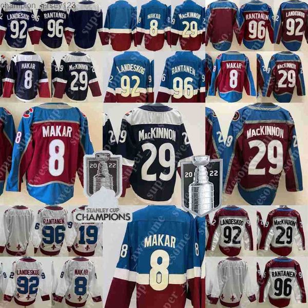 

fans tees men 2023 champions 8 cale makar jersey mikko rantanen gabriel landeskog nathan mackinnon 19 joe sakic hockey jerseys red white na, Black