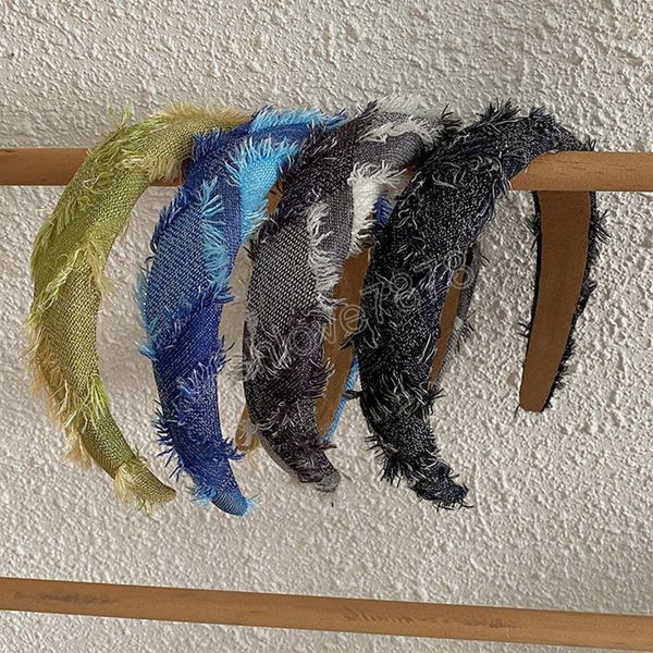 

denim fabric shredded beard plaid headband fashion hair accessories women trendy casual wide side hairband hair band, Silver
