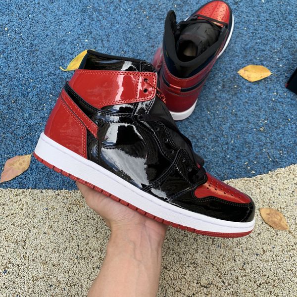 

with box 1 1s mens basketball shoes patent bred high cut black white varsity red men women trainers sports sneakers 555088-063 og quality 36