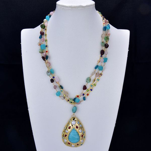 

3 rows natural amethyst mix gems stone fashion bezel set chain necklace blue peruvian amazonite pearl pendant, Silver