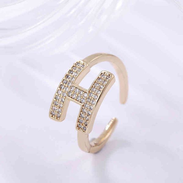 

mesh red simple letter h slightly set zircon open ring japanese and korean real gold color preserving index finger girl cool fashion, Silver
