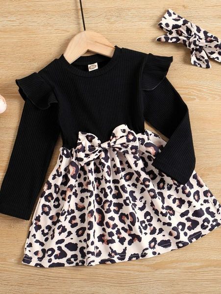 

toddler girls leopard print ruffle trim dress with headband she, Red;yellow