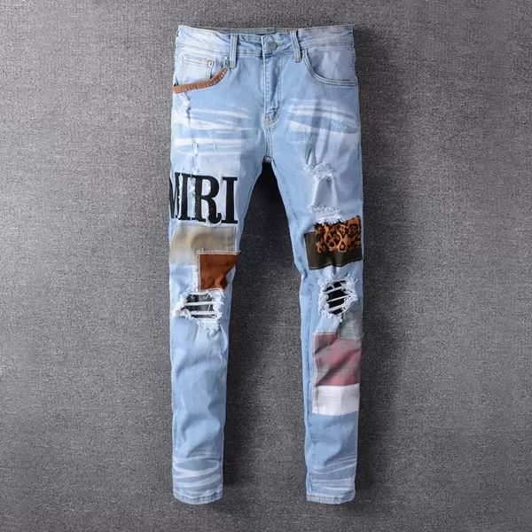 

mens designer jeans distressed ripped biker slim fit motorcycle biker, Blue