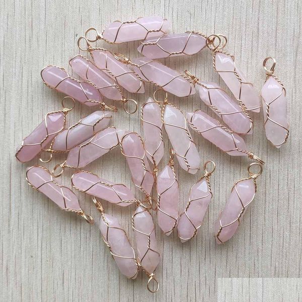 

charms healing natural pink rose quartz stone crystal handmade charms gold iron wire pillar shape pendants for jewelry making drop de dhzfm, Bronze;silver